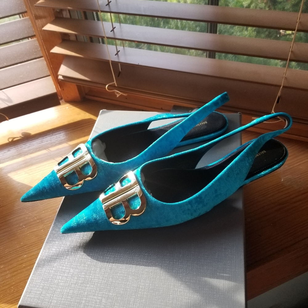 Balenciaga Teal Velvet Slingback Flats with Gold BB Logo